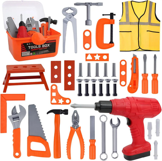 Kids pretend play construction tool set with carry box and various plastic tools for STEM learning