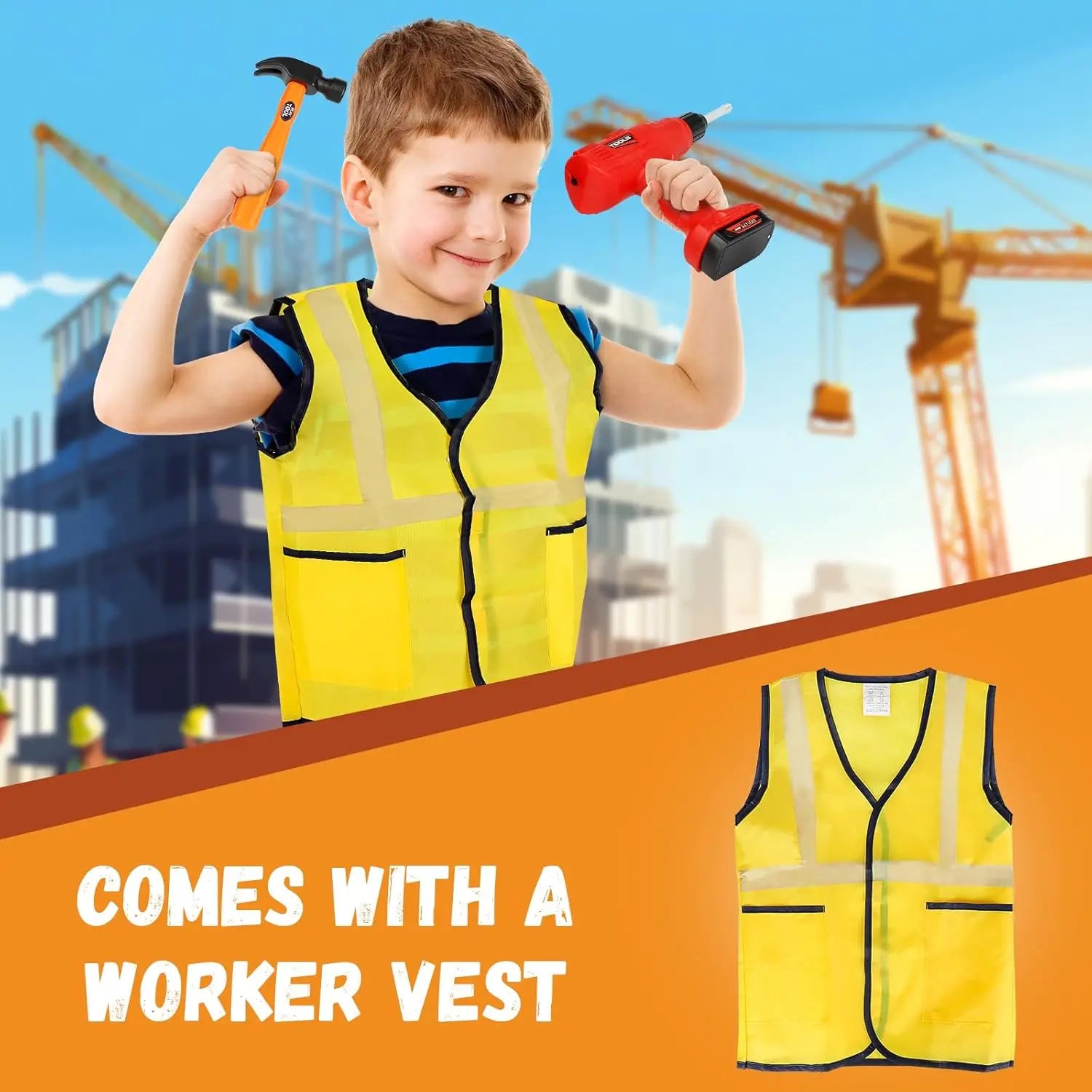 Toddler holds a yellow toy hammer from a pretend play construction tool set, developing fine motor skills