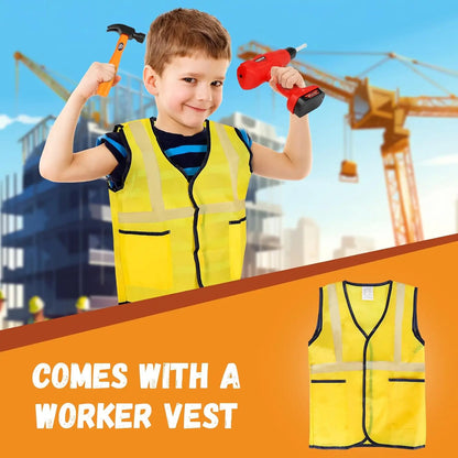 Toddler holds a yellow toy hammer from a pretend play construction tool set, developing fine motor skills