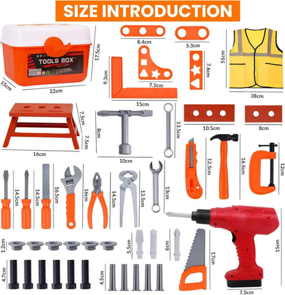 Close-up of a child's hands organizing the plastic tools in the kids pretend play construction tool set