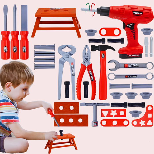 Kids' pretend play construction tool set with toy hammer and screwdriver, fostering motor skills.