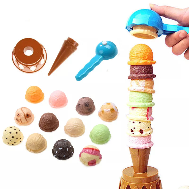 Kids pretend play ice cream stacking toy set with colorful scoops and cones for imaginative play
