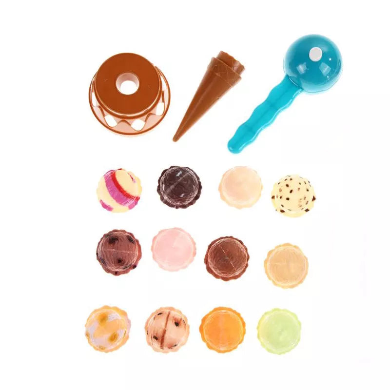 Happy child engaged in imaginative play with the ice cream stacking toy set, serving 'treats'