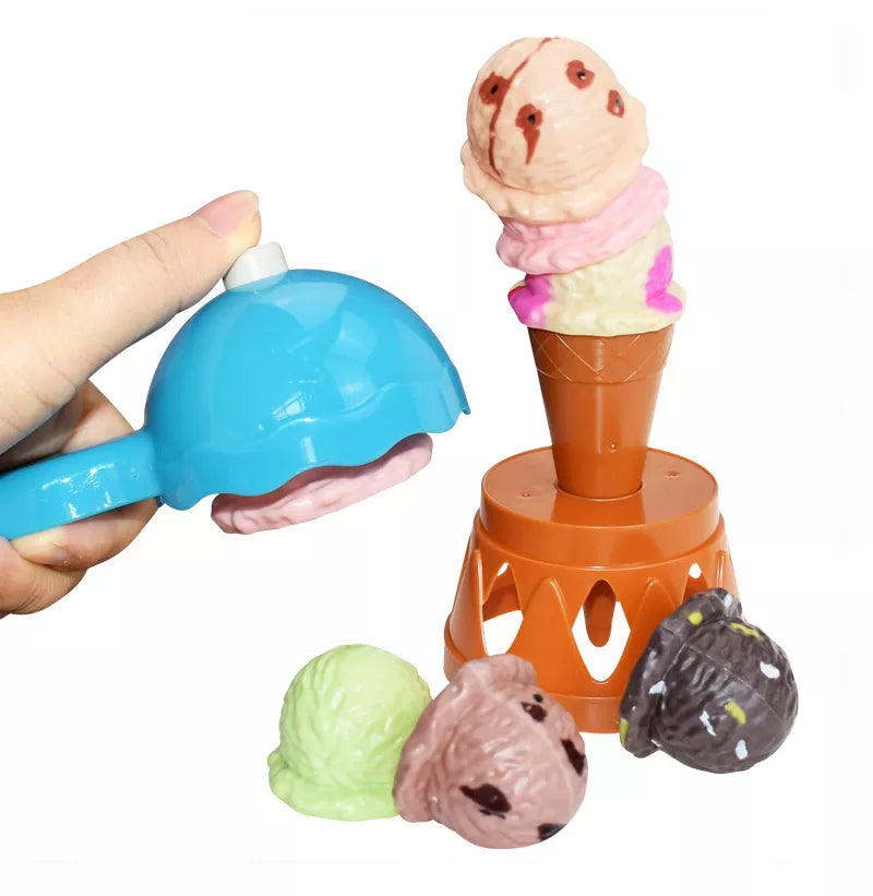 Various ice cream scoops and cones arranged from the kids' pretend play stacking toy set