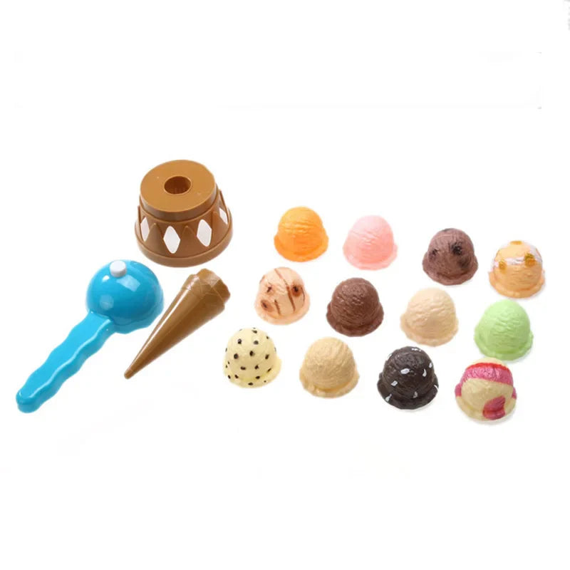 Close-up of a colorful pretend play ice cream scoop from the stacking toy set for kids