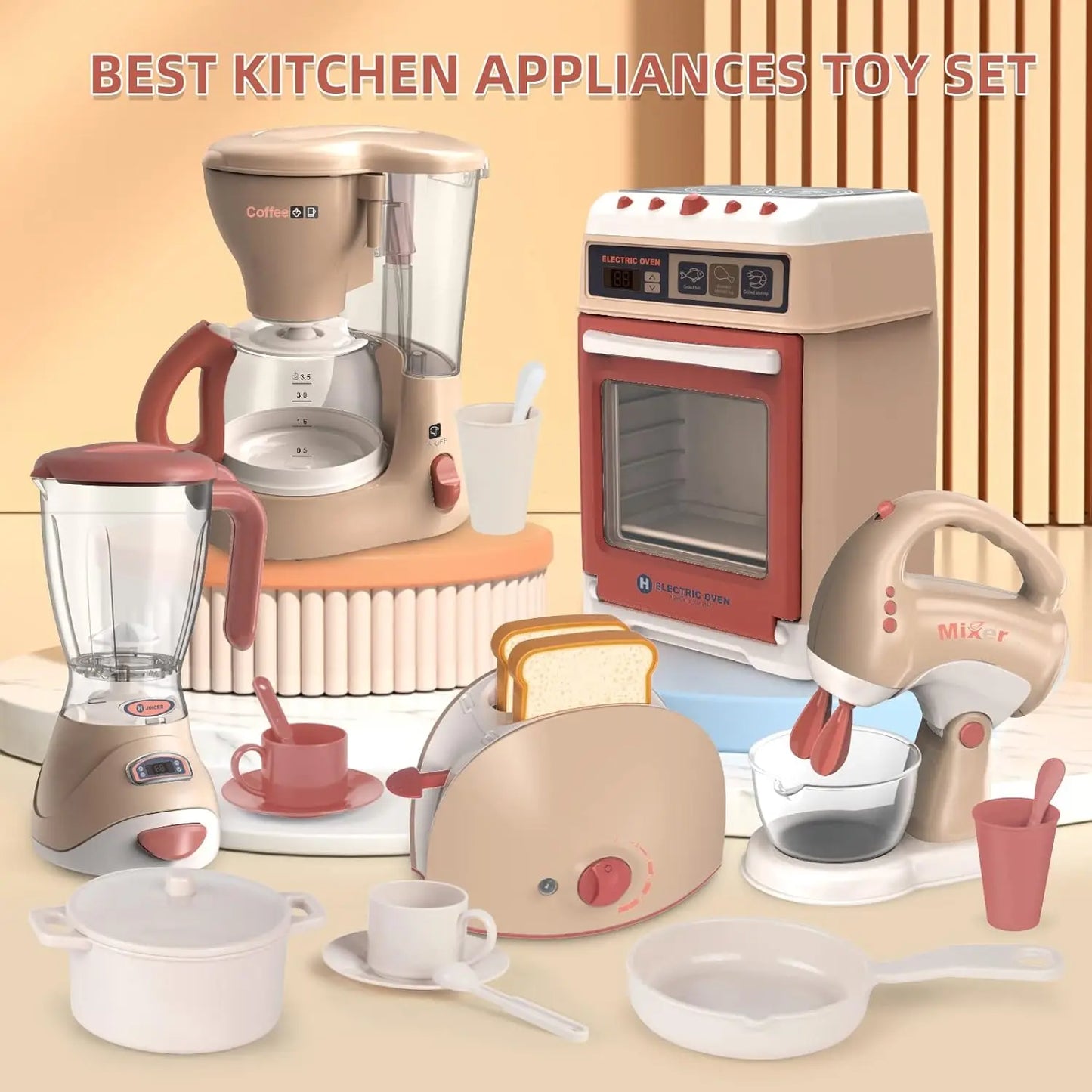 Close-up of toy coffee maker from Kids' Pretend Play Kitchen Set for realistic roleplay fun.