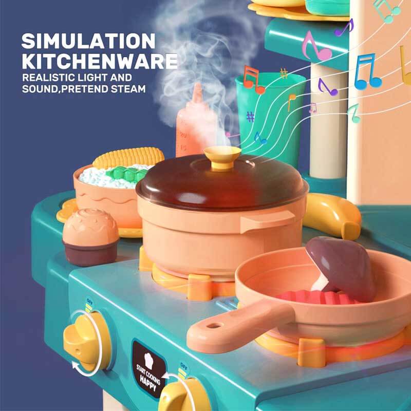 Children's toy kitchen with stovetop, oven, and sink, ideal for educational cooking role play