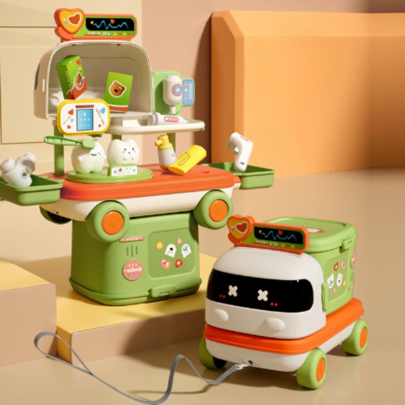 Kids' pretend play kitchen toy set with trolley for imaginative cooking role play.