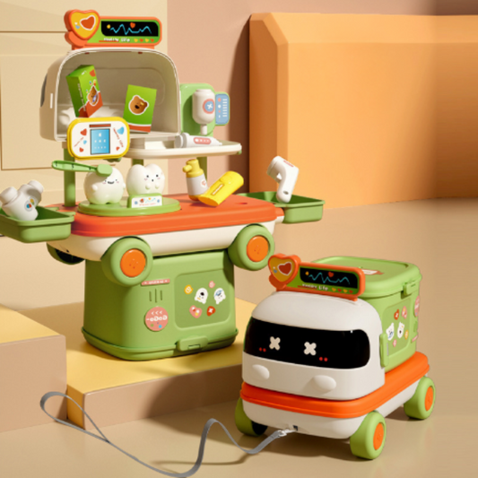 Kids' pretend play kitchen toy set with trolley for imaginative cooking role play.