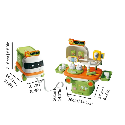 Educational medical toy set with trolley for kids' role play and learning.