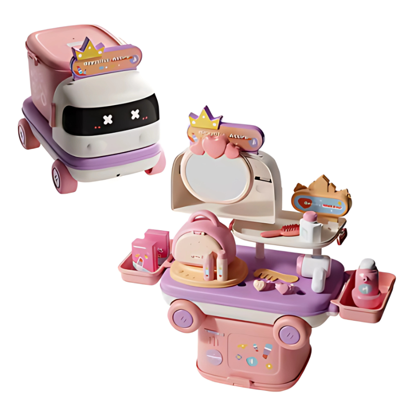 Colorful kids' pretend play trolley with various toys for engaging role play.
