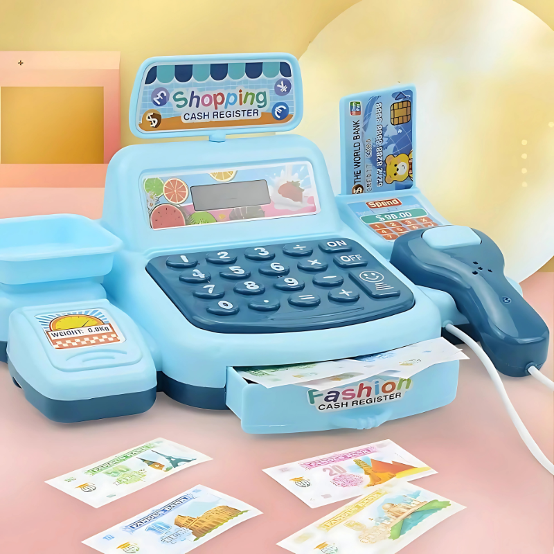 Kids Pretend Play Mini Mart Cash Register Toy with scanner, realistic sounds, and play money for toddlers