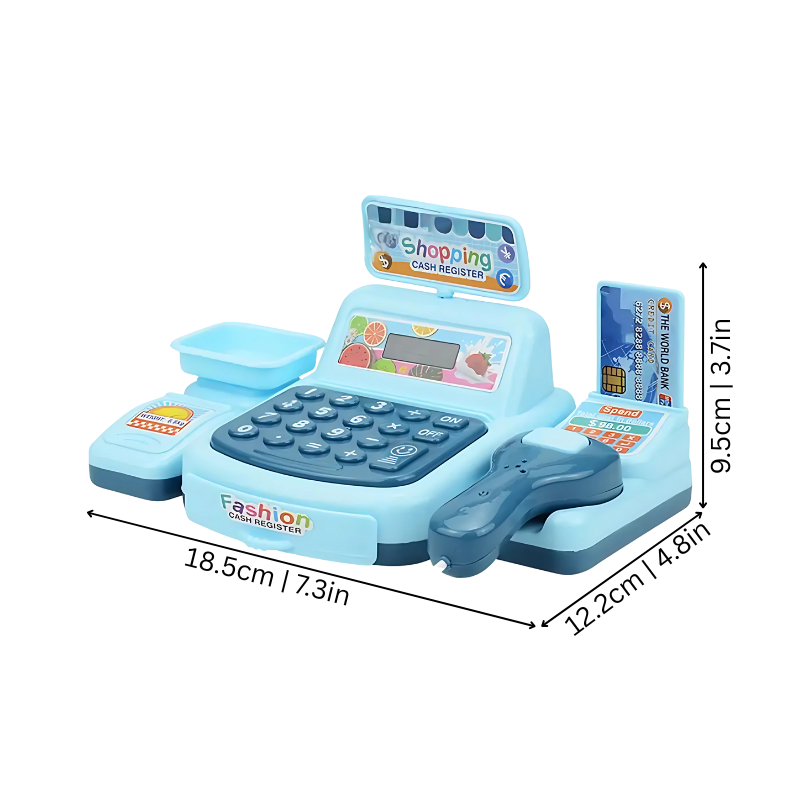 Toddler role-playing with educational cash register toy, developing social skills and imagination