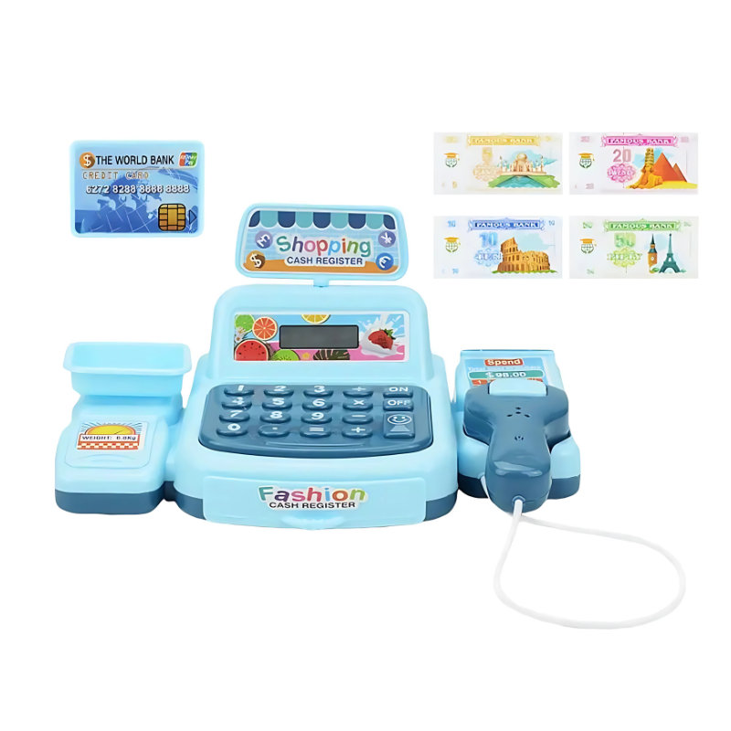 Colorful Mini Mart cash register toy set for children, featuring a working calculator and play food