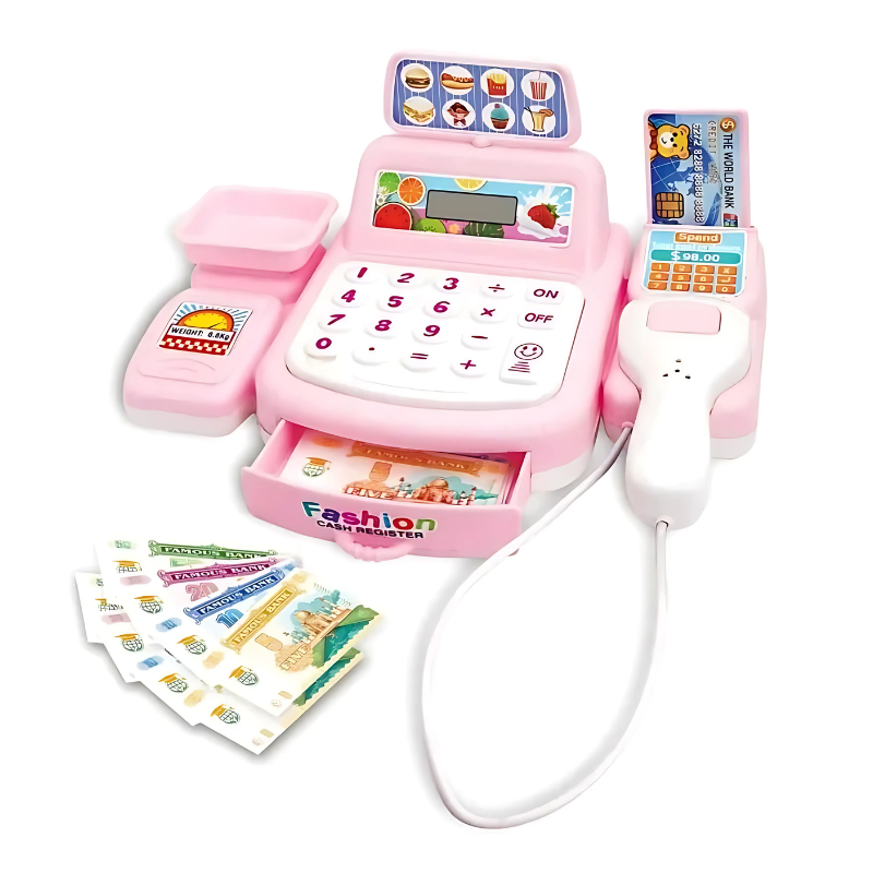 Close-up of a child's hands operating a pretend play cash register toy with toy coins and credit card
