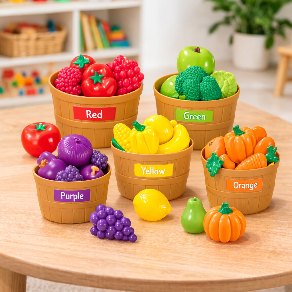 Kids' Pretend Play Rainbow Fruit & Veggie Market Set for toddlers, colorful learning educational toy, durable plastic