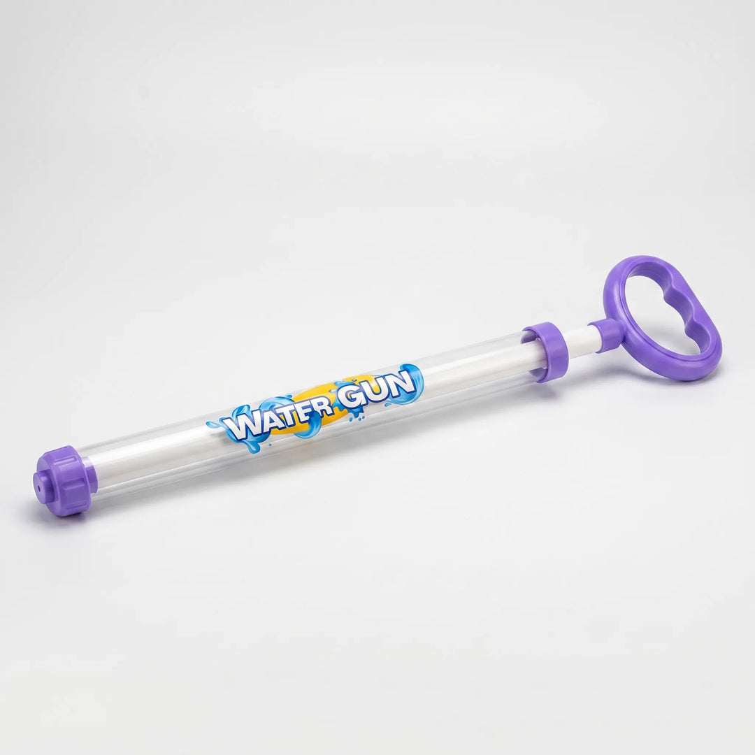 Three colorful kids' water blasters, pull-action water guns for outdoor summer play, perfect for beach and pool.