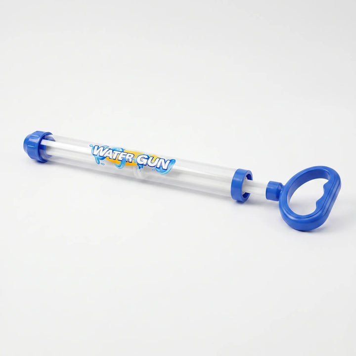 Children playing with bright pull-action water blasters. Fun, battery-free water guns for summer outdoor pool & beach.