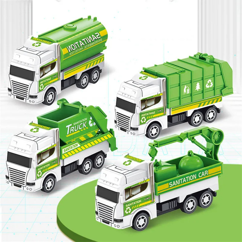 Kids pull-back friction garbage truck toy for toddlers with green body and yellow accents on white background.