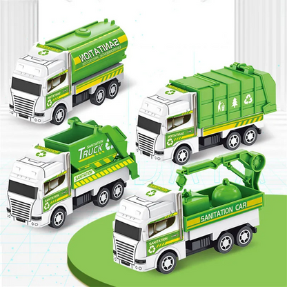 Kids pull-back friction garbage truck toy for toddlers with green body and yellow accents on white background.