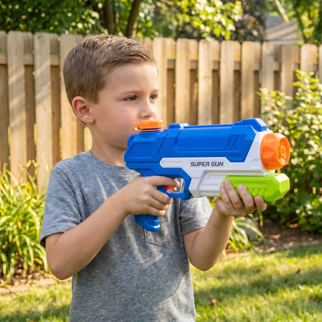Kids' pump-action water blaster toy, perfect for outdoor summer fun and exciting water games.