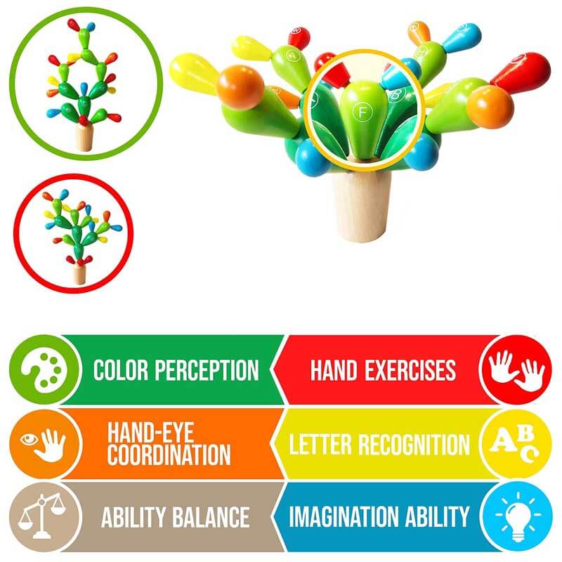 Overhead view of Rainbow Cactus Stacking Game pieces, showcasing rainbow colors and smooth wooden texture