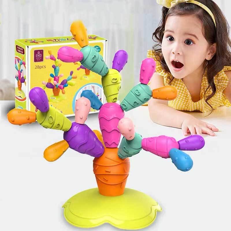 Close-up of Rainbow Cactus Stacking Game, chunky wooden pieces, perfect for kids' building blocks activity