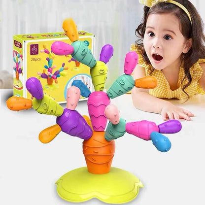 Close-up of Rainbow Cactus Stacking Game, chunky wooden pieces, perfect for kids' building blocks activity
