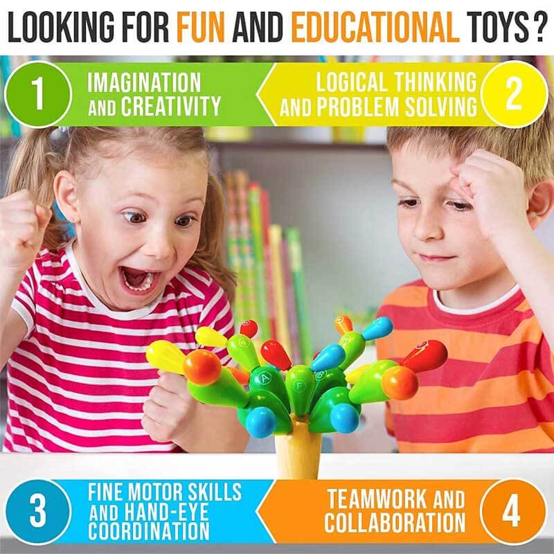 Child's hands playing with Kids' Rainbow Cactus Stacking Game wooden toy, developing motor skills