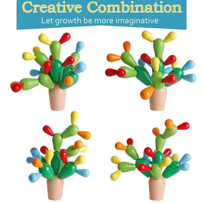 Wooden Rainbow Cactus Stacking Game set on a playmat, engaging preschool kids activity