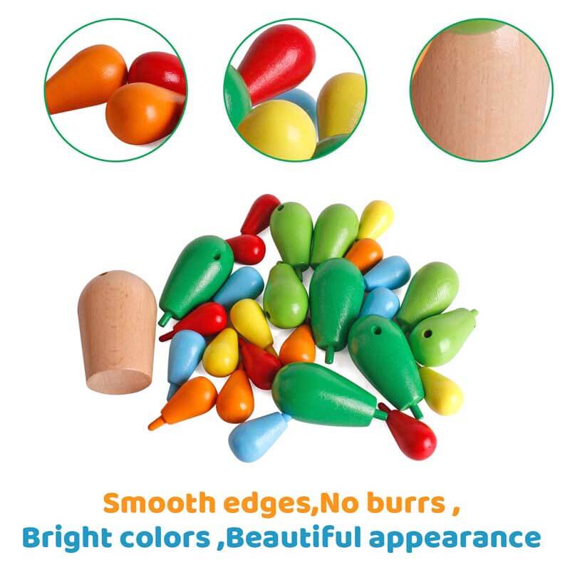 Various wooden pieces of Rainbow Cactus Stacking Game, showing rainbow hues, for imaginative sensory play