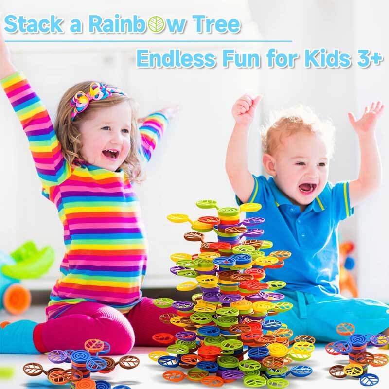 Wooden rainbow stacking tree, an activity toy enhancing fine motor skills for young children