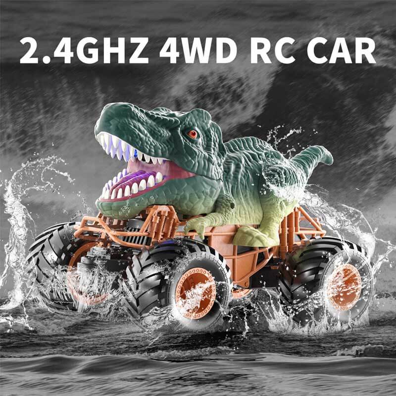 Kids' gift: RC dinosaur vehicle, presented in packaging, highlighting toy features & benefits