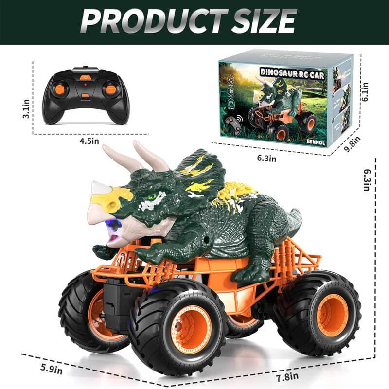 Close-up of RC dinosaur's glowing eyes & open mouth, showcasing lights & sound features