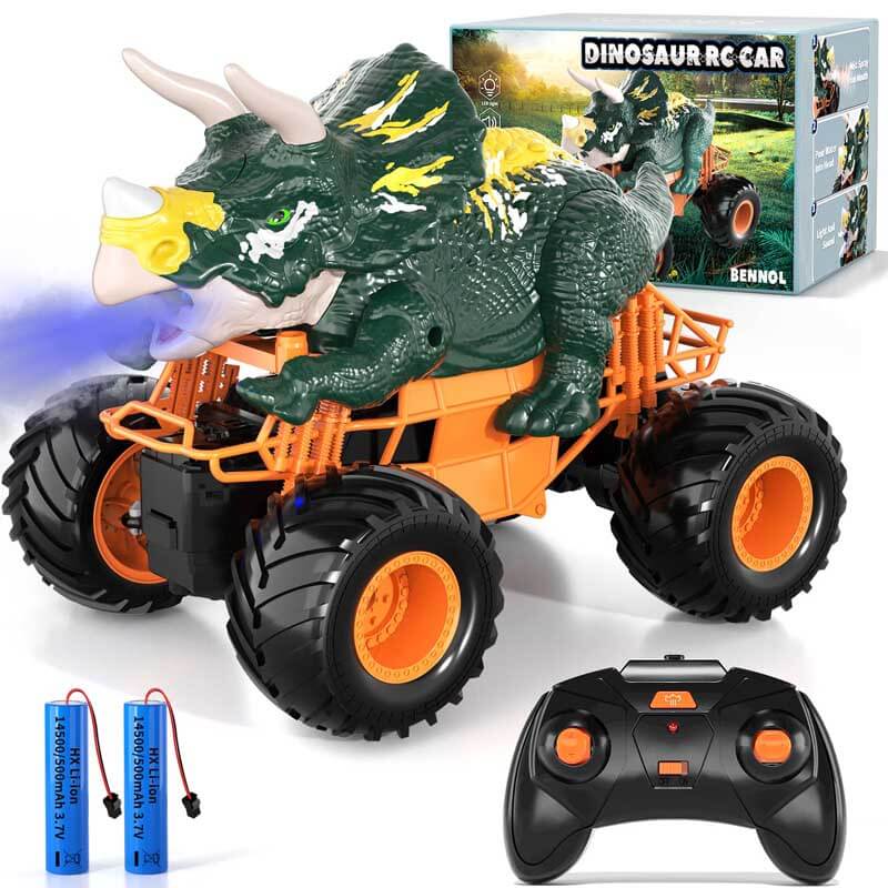 Child playing with RC dinosaur car in a living room, illustrating interactive playtime fun