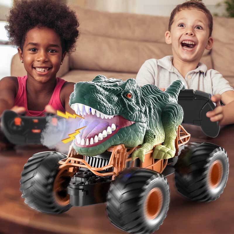 Electronic dinosaur car, vibrant colors, designed for young kids, includes simple remote control