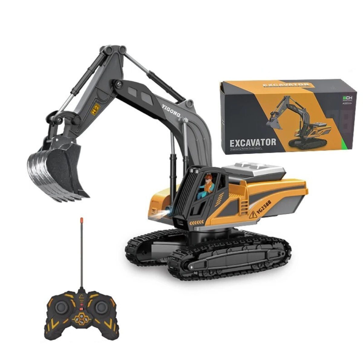 Kids' RC Excavator and Dump Truck toy set, remote control construction vehicles for children.