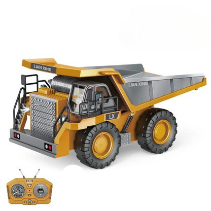 Durable RC Excavator with movable arm, yellow and black, perfect kids' construction toy.