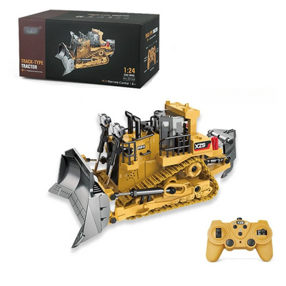 Yellow RC Excavator digging toy, realistic remote control construction vehicle for play.