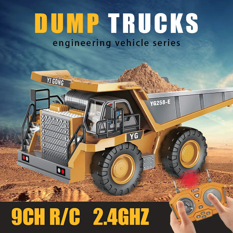Two-piece RC construction vehicle set, excavator and dump truck, ideal for aspiring engineers.