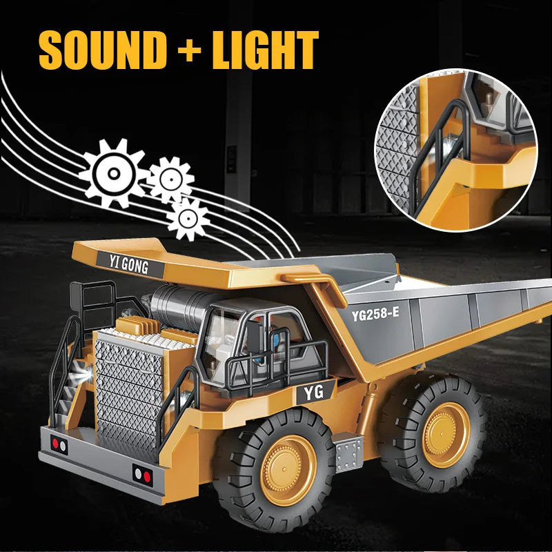 Kids' RC construction vehicle play set, includes remote control excavator and dump truck.