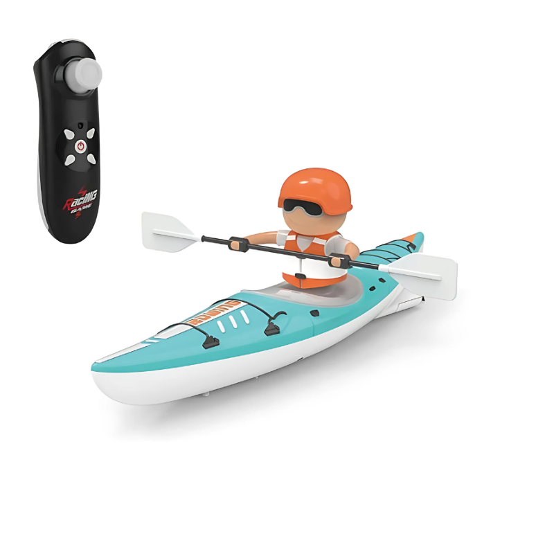 Toddler holding RC kayak bath toy in tub, enjoying water fun, ages 3-5, rechargeable