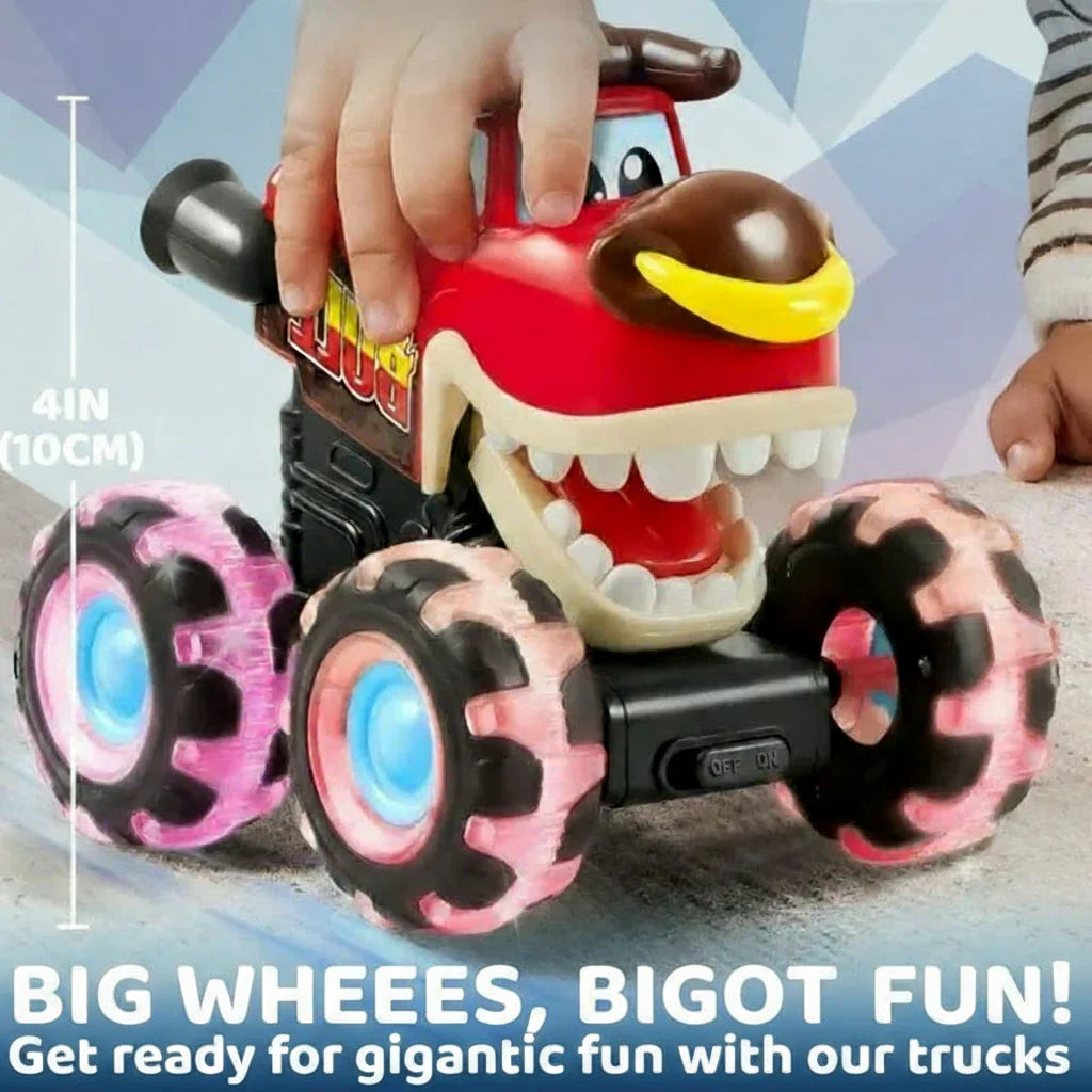 Close-up of a shockproof RC Monster Truck with glowing LED lights, a durable kids' toy
