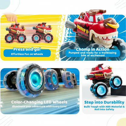 High-speed RC LED Monster Truck in action, remote control toy with bright lights for kids