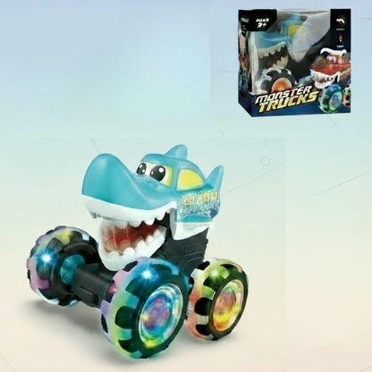 Kids' remote control monster truck with prominent LED lights, built for tough play outdoors