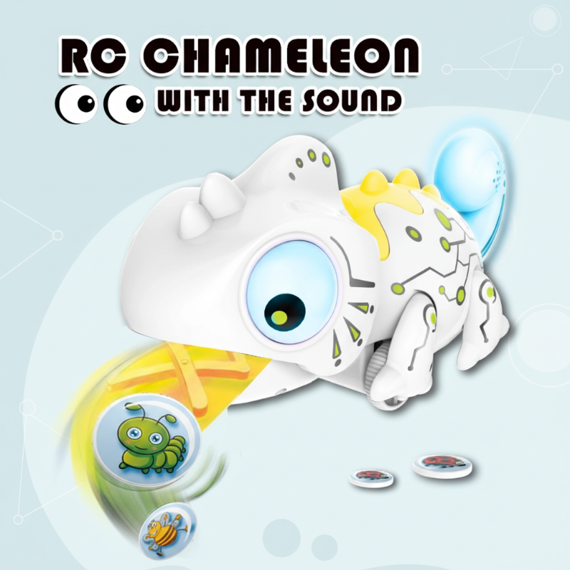 Child playing with educational RC chameleon toy, demonstrating its color change feature on a surface