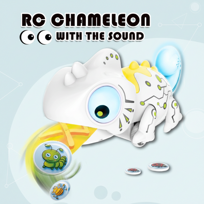 Child playing with educational RC chameleon toy, demonstrating its color change feature on a surface