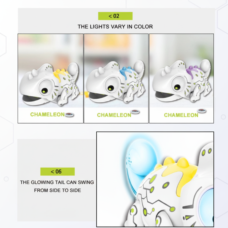 Side view of the remote-controlled chameleon toy for kids, highlighting its unique design and colors