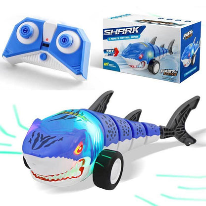 Kids' RC Shark Toy with LED lights and dual drive, perfect interactive gift for boys.
