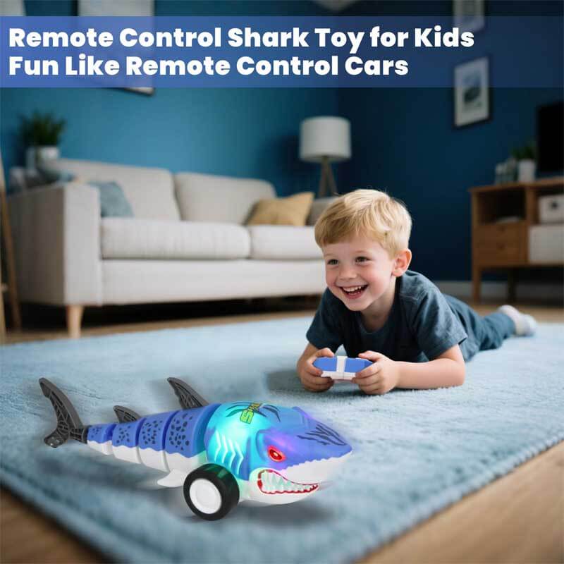 Electric remote control shark toy for kids, featuring glowing LED eyes and powerful dual drive.